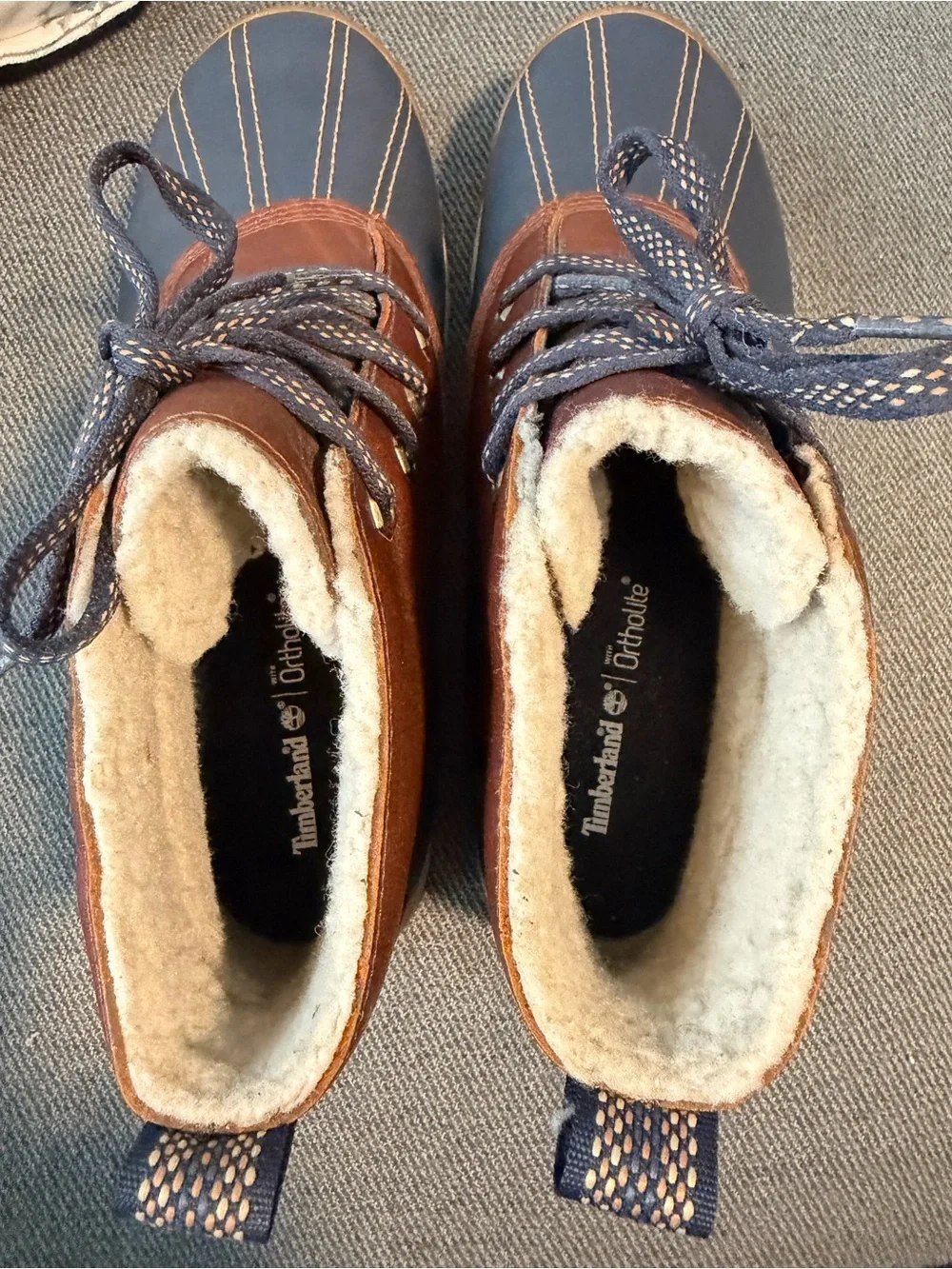 Timberland Brown & Navy Waterproof Duck Boots with Shearling Lining